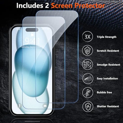 Shockproof for iPhone 15 Case, 15 FT Military Grade Drop Protection, with 2X Tempered Glass Screen Protector, iPhone Casing