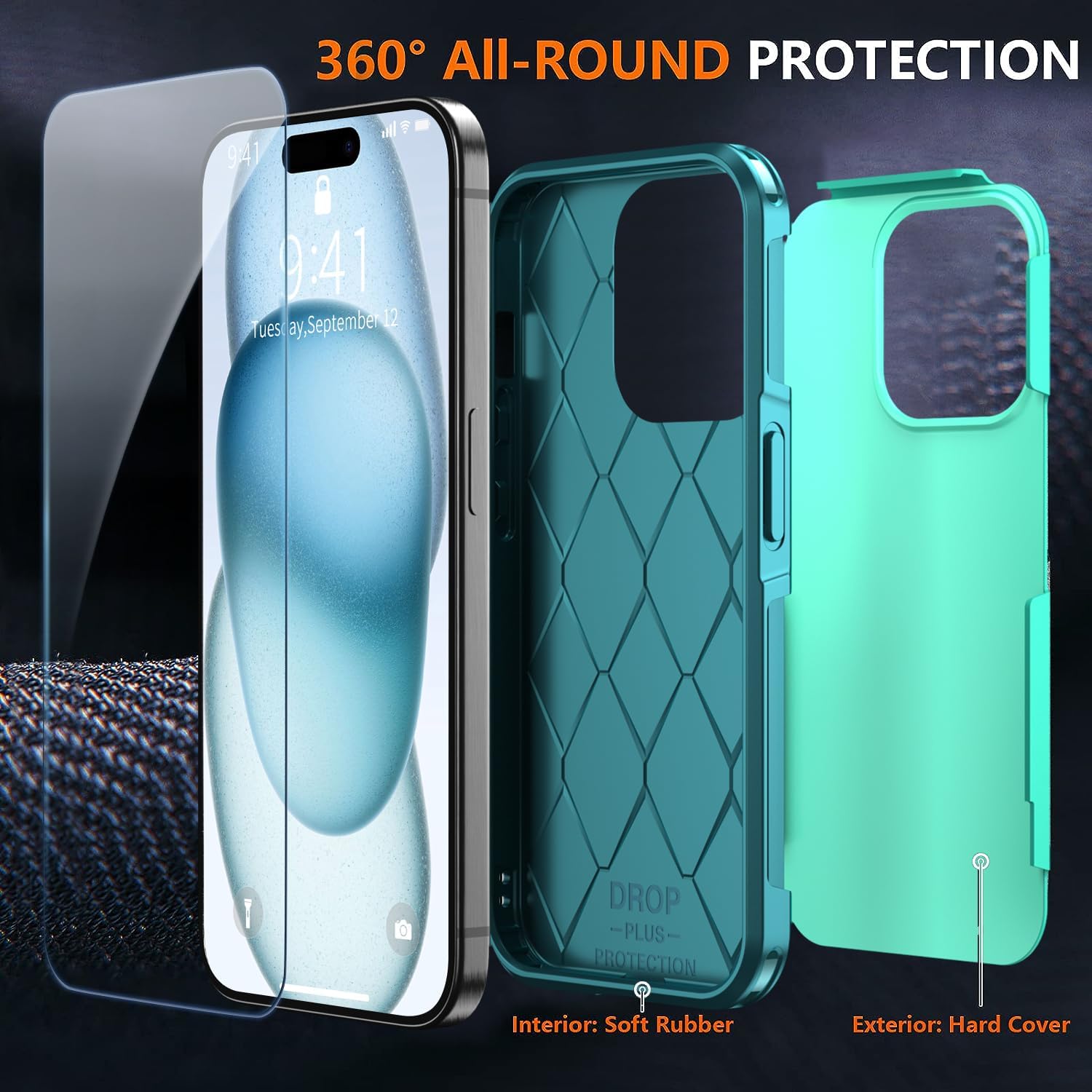 Shockproof for iPhone 15 Case, 15 FT Military Grade Drop Protection, with 2X Tempered Glass Screen Protector, iPhone Casing