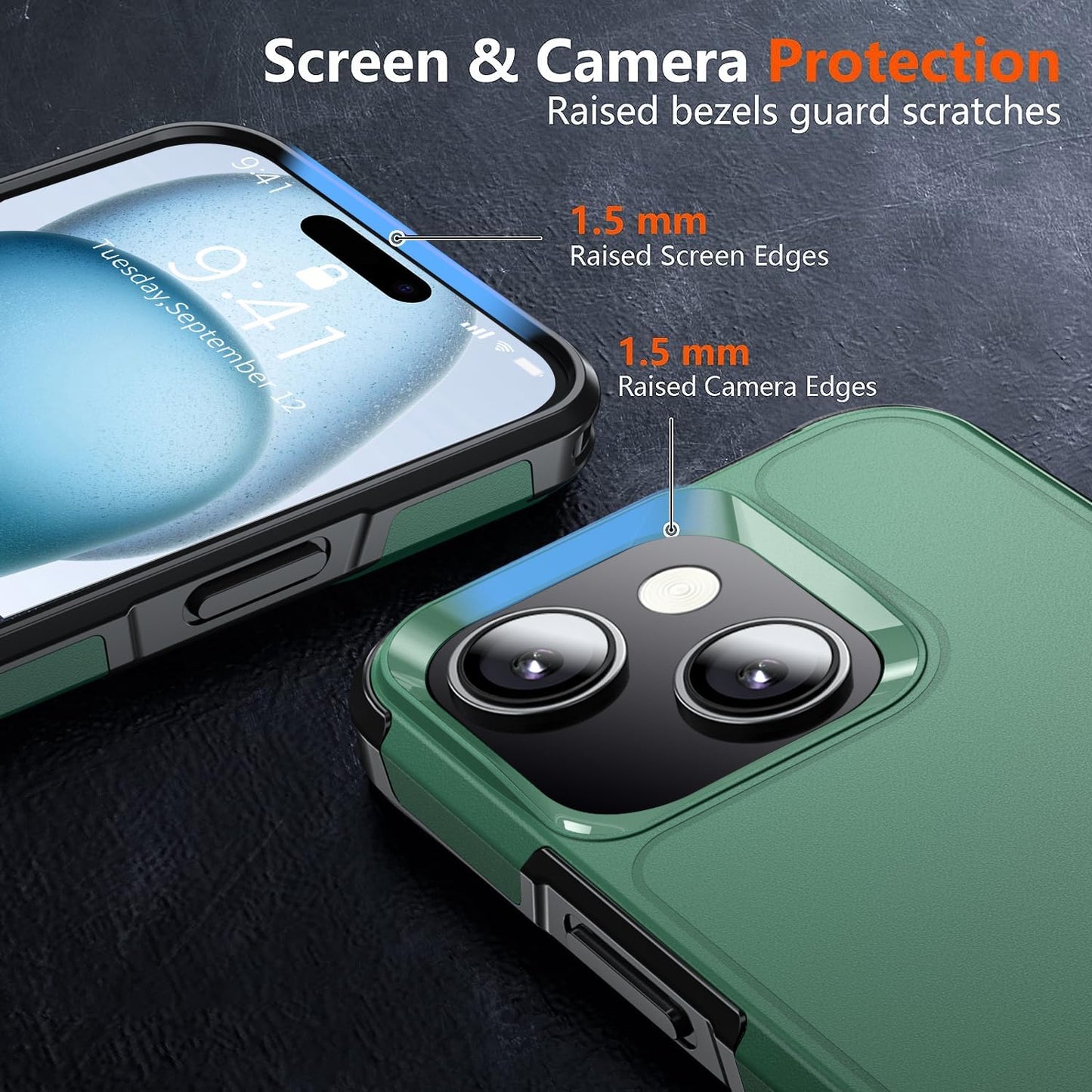 Shockproof for iPhone 15 Case, 15 FT Military Grade Drop Protection, with 2X Tempered Glass Screen Protector, iPhone Casing