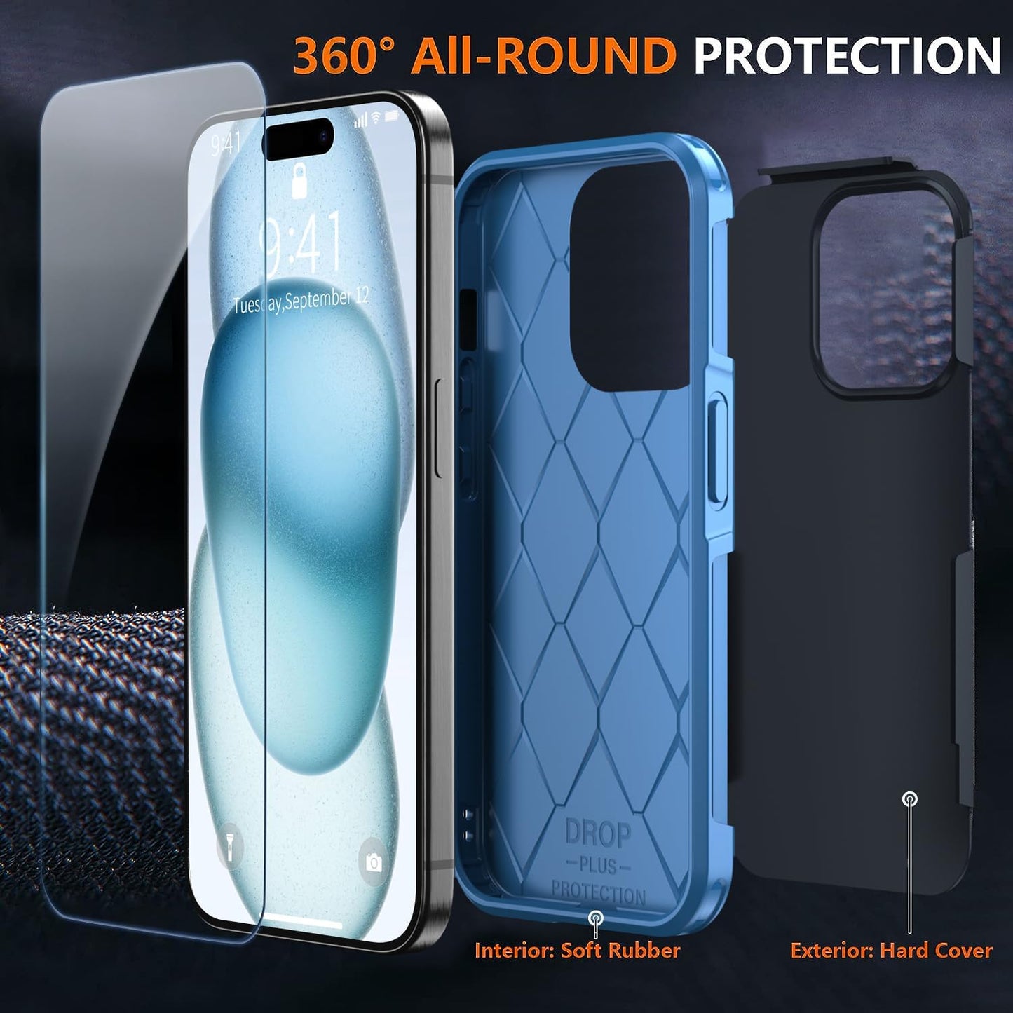 Shockproof for iPhone 15 Case, 15 FT Military Grade Drop Protection, with 2X Tempered Glass Screen Protector, iPhone Casing