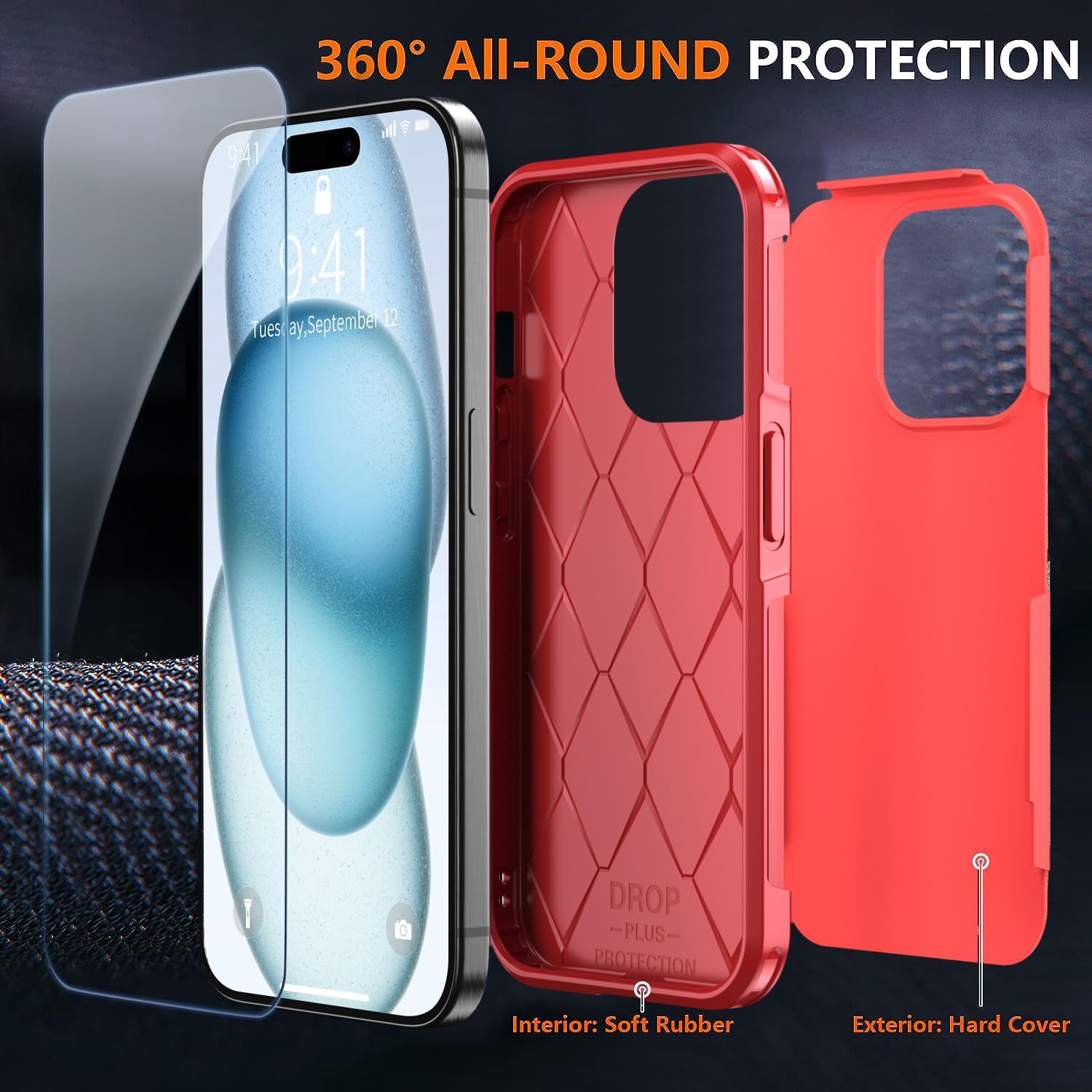 Shockproof for iPhone 15 Case, 15 FT Military Grade Drop Protection, with 2X Tempered Glass Screen Protector, iPhone Casing