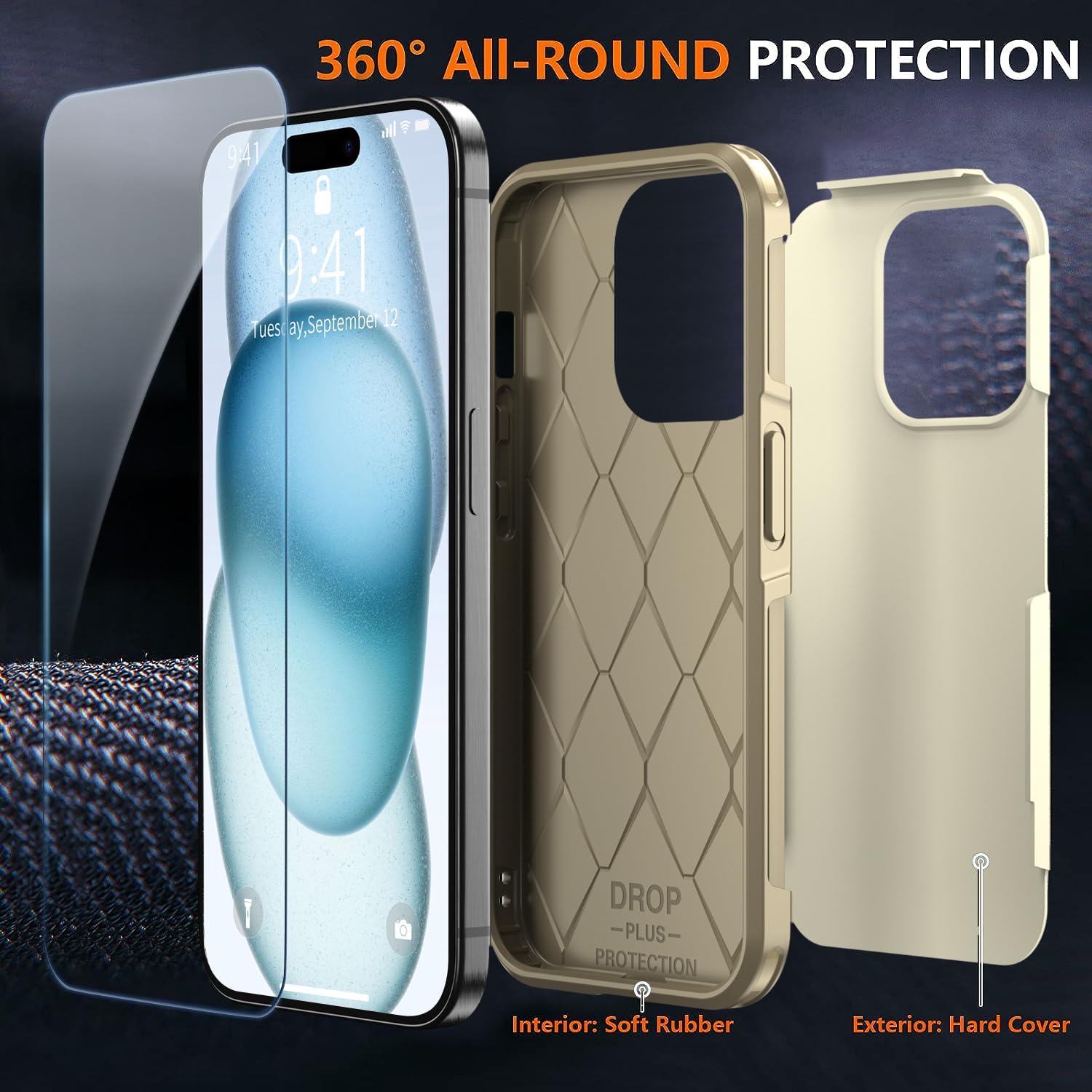 Shockproof for iPhone 15 Case, 15 FT Military Grade Drop Protection, with 2X Tempered Glass Screen Protector, iPhone Casing