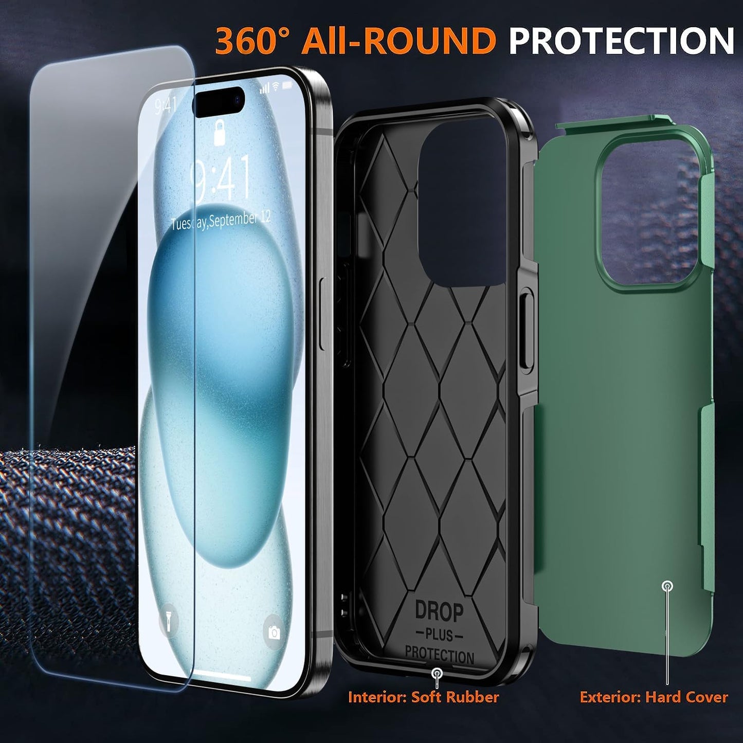 Shockproof for iPhone 15 Case, 15 FT Military Grade Drop Protection, with 2X Tempered Glass Screen Protector, iPhone Casing