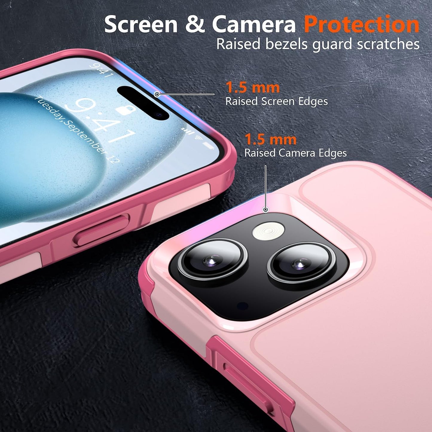 Shockproof for iPhone 15 Case, 15 FT Military Grade Drop Protection, with 2X Tempered Glass Screen Protector, iPhone Casing