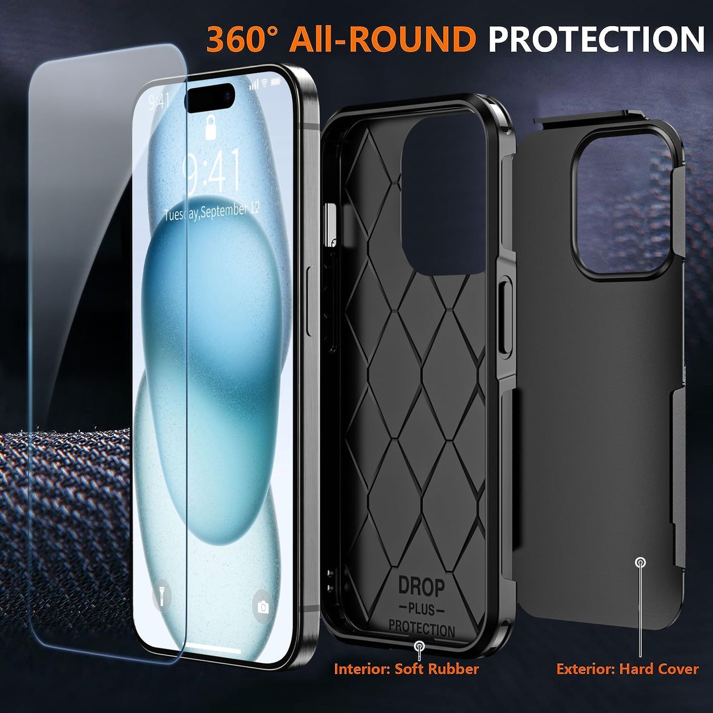 Shockproof for iPhone 15 Case, 15 FT Military Grade Drop Protection, with 2X Tempered Glass Screen Protector, iPhone Casing