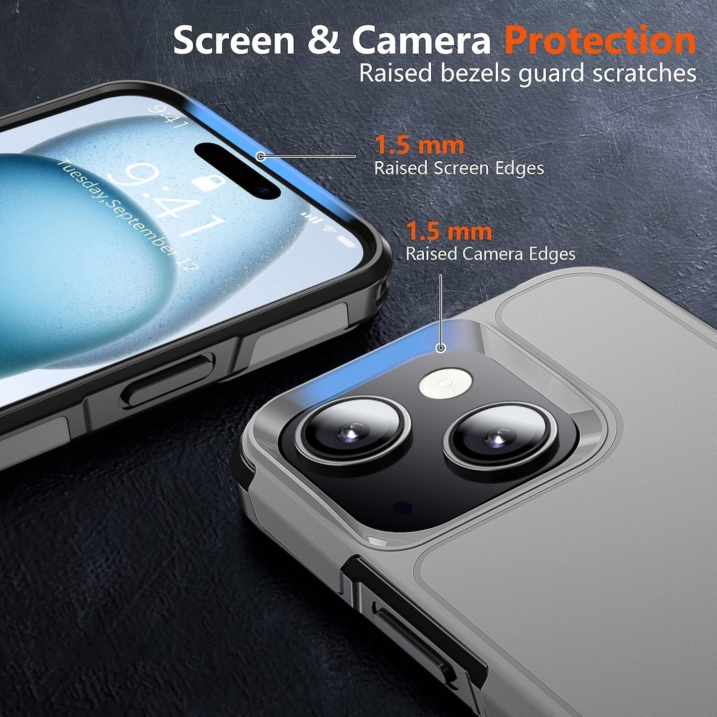 Shockproof for iPhone 15 Case, 15 FT Military Grade Drop Protection, with 2X Tempered Glass Screen Protector, iPhone Casing