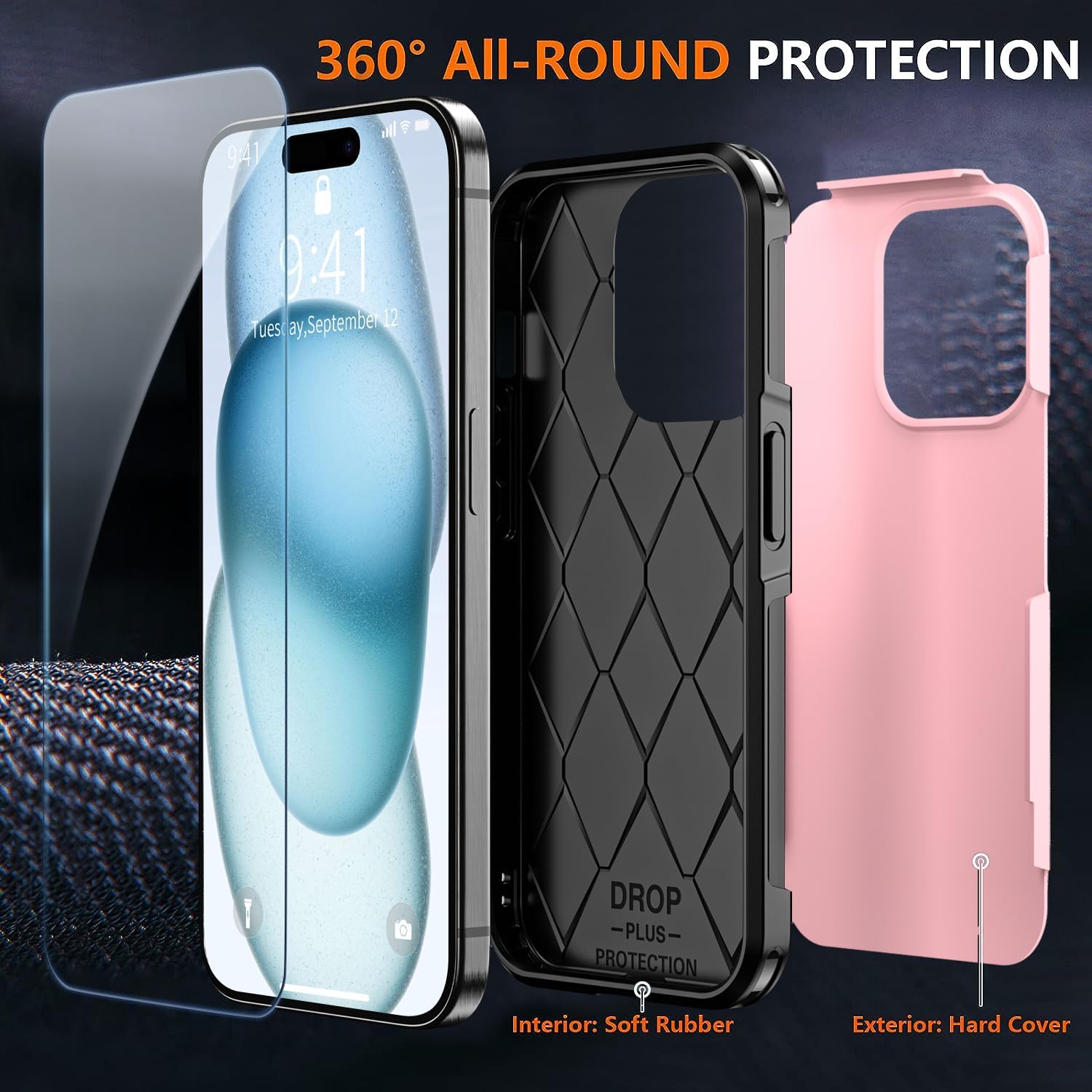 Shockproof for iPhone 15 Case, 15 FT Military Grade Drop Protection, with 2X Tempered Glass Screen Protector, iPhone Casing