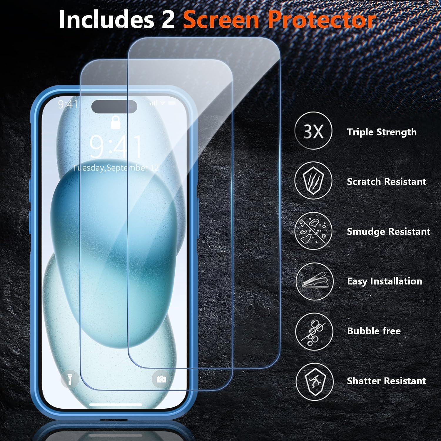 Shockproof for iPhone 15 Case, 15 FT Military Grade Drop Protection, with 2X Tempered Glass Screen Protector, iPhone Casing