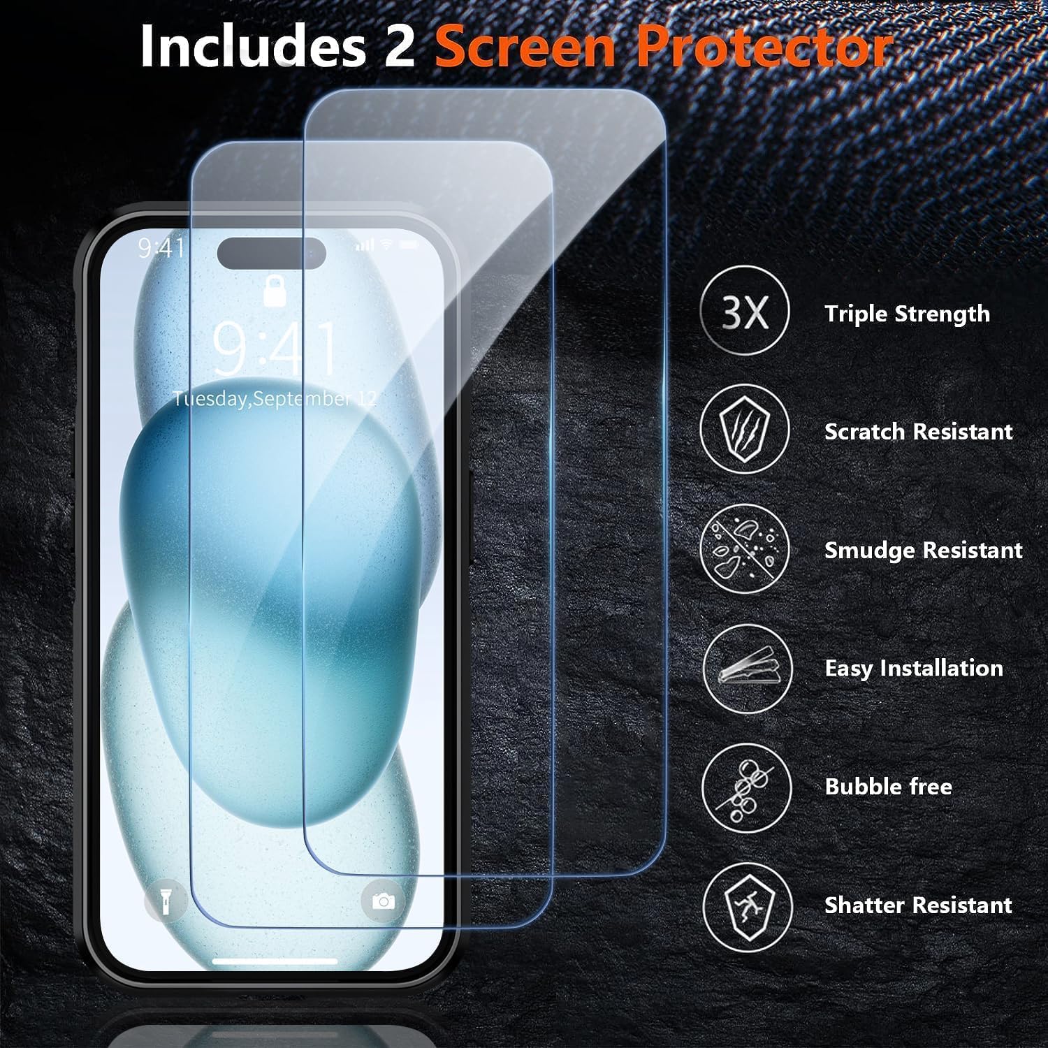 Shockproof for iPhone 15 Case, 15 FT Military Grade Drop Protection, with 2X Tempered Glass Screen Protector, iPhone Casing