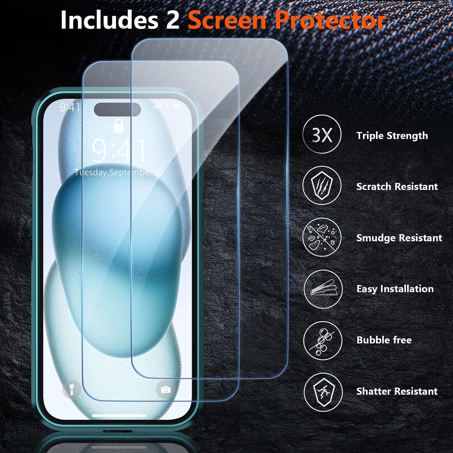 Shockproof for iPhone 15 Case, 15 FT Military Grade Drop Protection, with 2X Tempered Glass Screen Protector, iPhone Casing