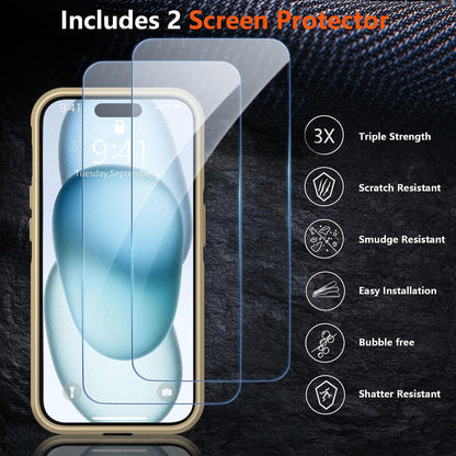 Shockproof for iPhone 15 Case, 15 FT Military Grade Drop Protection, with 2X Tempered Glass Screen Protector, iPhone Casing