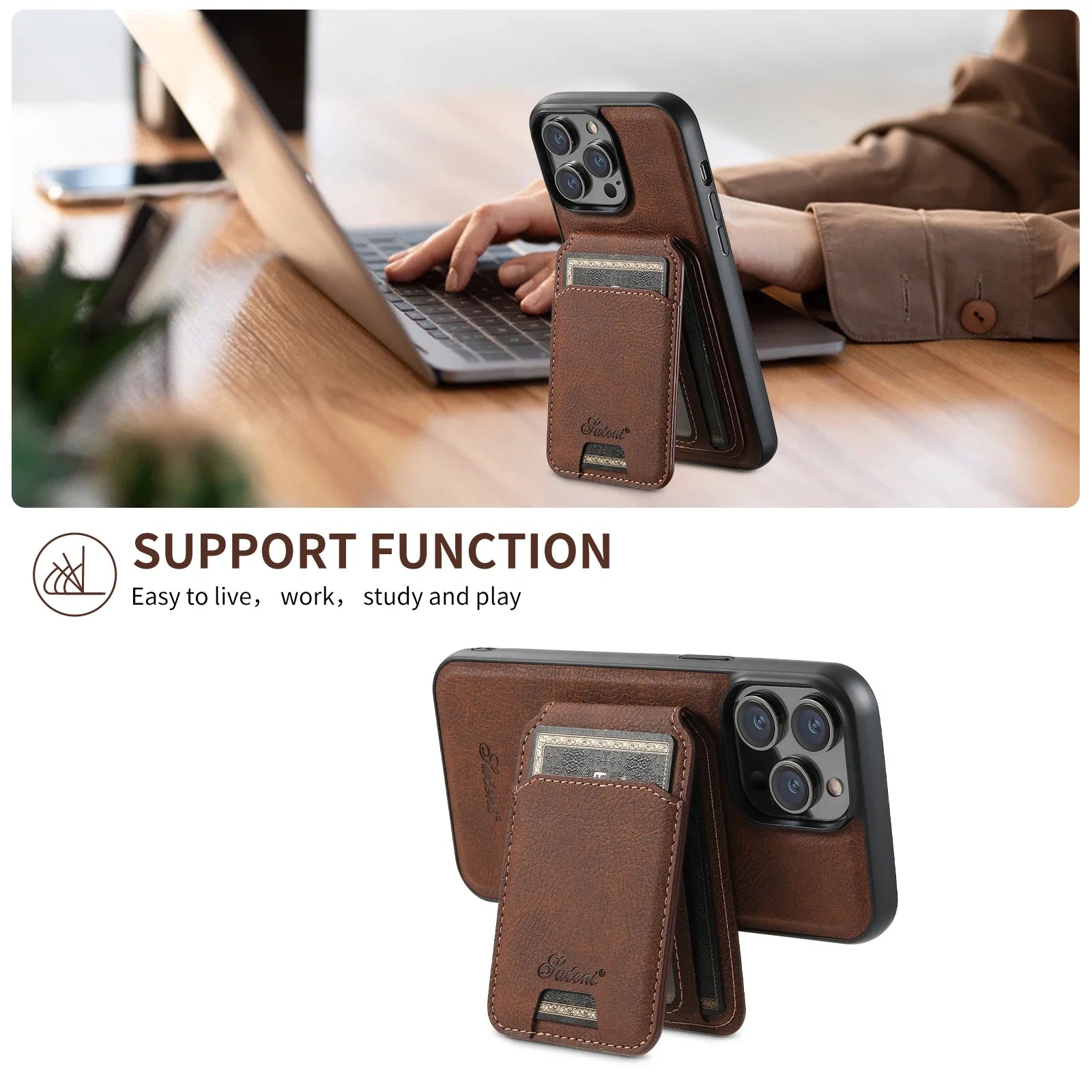 Leather Card Holder Phone Case: Magnetic Stand, Wireless Charging (MagSafe Compatible)