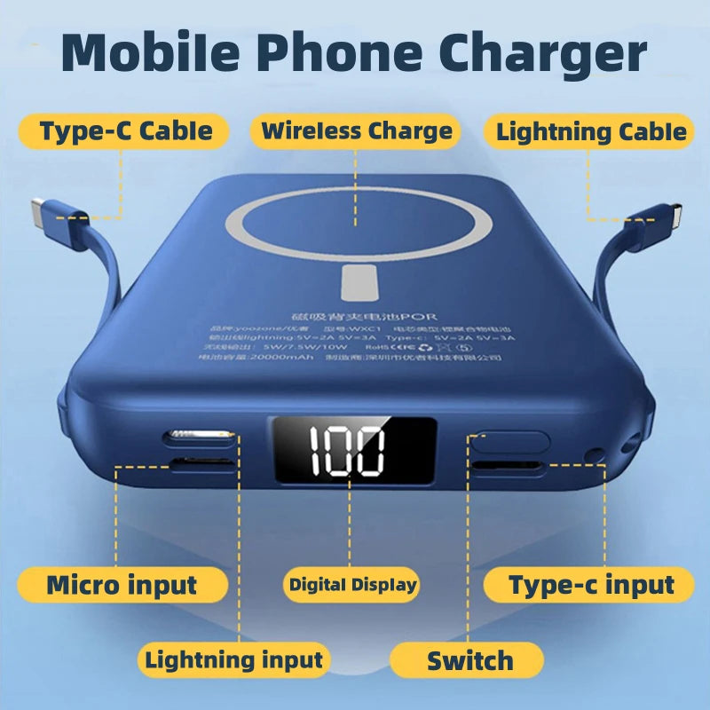 20000mAh Magnetic Power Bank Wireless Powerbank Phone Charger