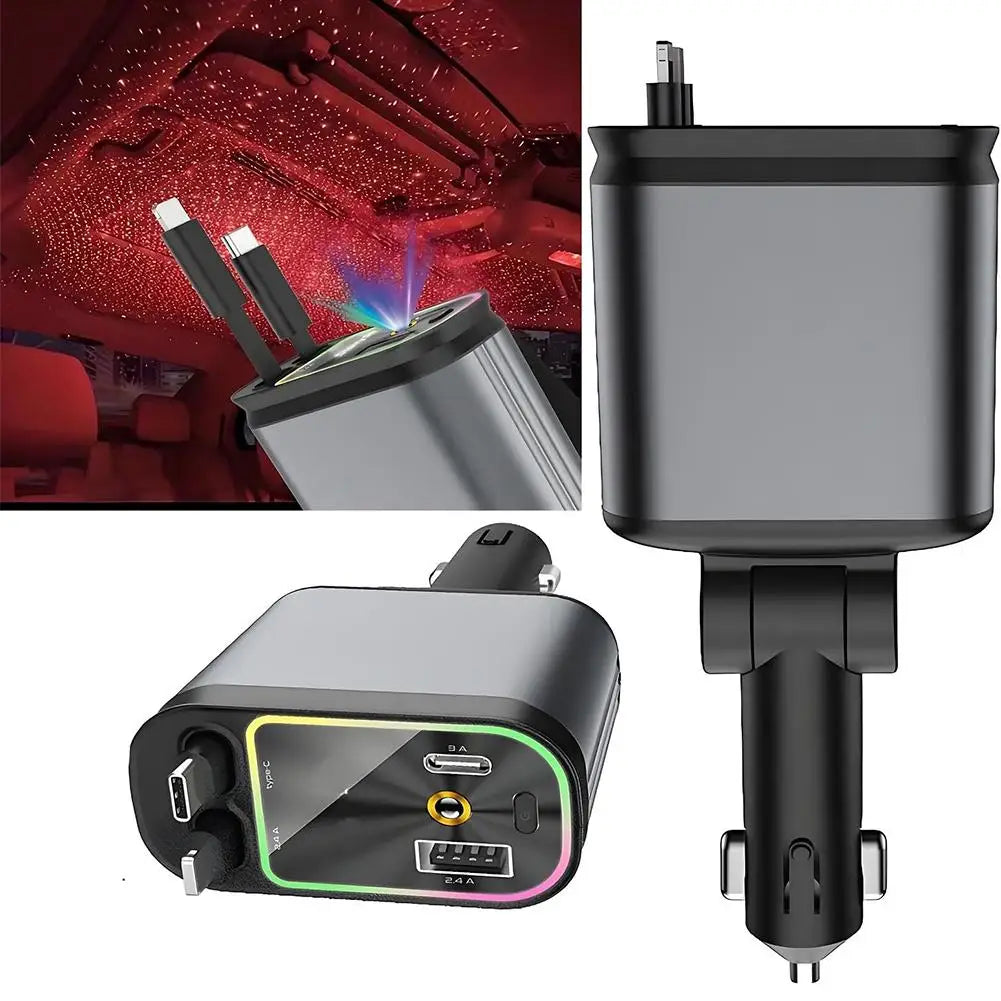 4-in-1 Retractable Car Charger with Starlight Projection – 100W Fast Charging & Ambient Lighting!