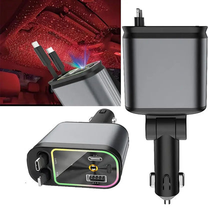 4-in-1 Retractable Car Charger with Starlight Projection – 100W Fast Charging & Ambient Lighting!