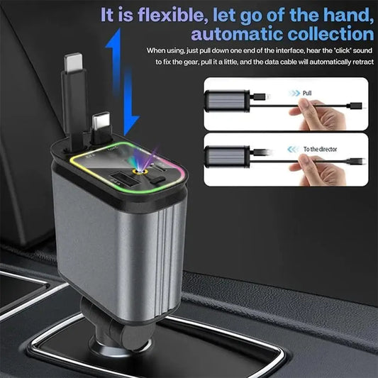 4-in-1 Retractable Car Charger with Starlight Projection – 100W Fast Charging & Ambient Lighting!