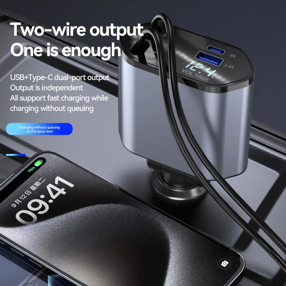 100W 4-in-1 Retractable Car Charger – Fast, Compact & Multi-Device Ready!