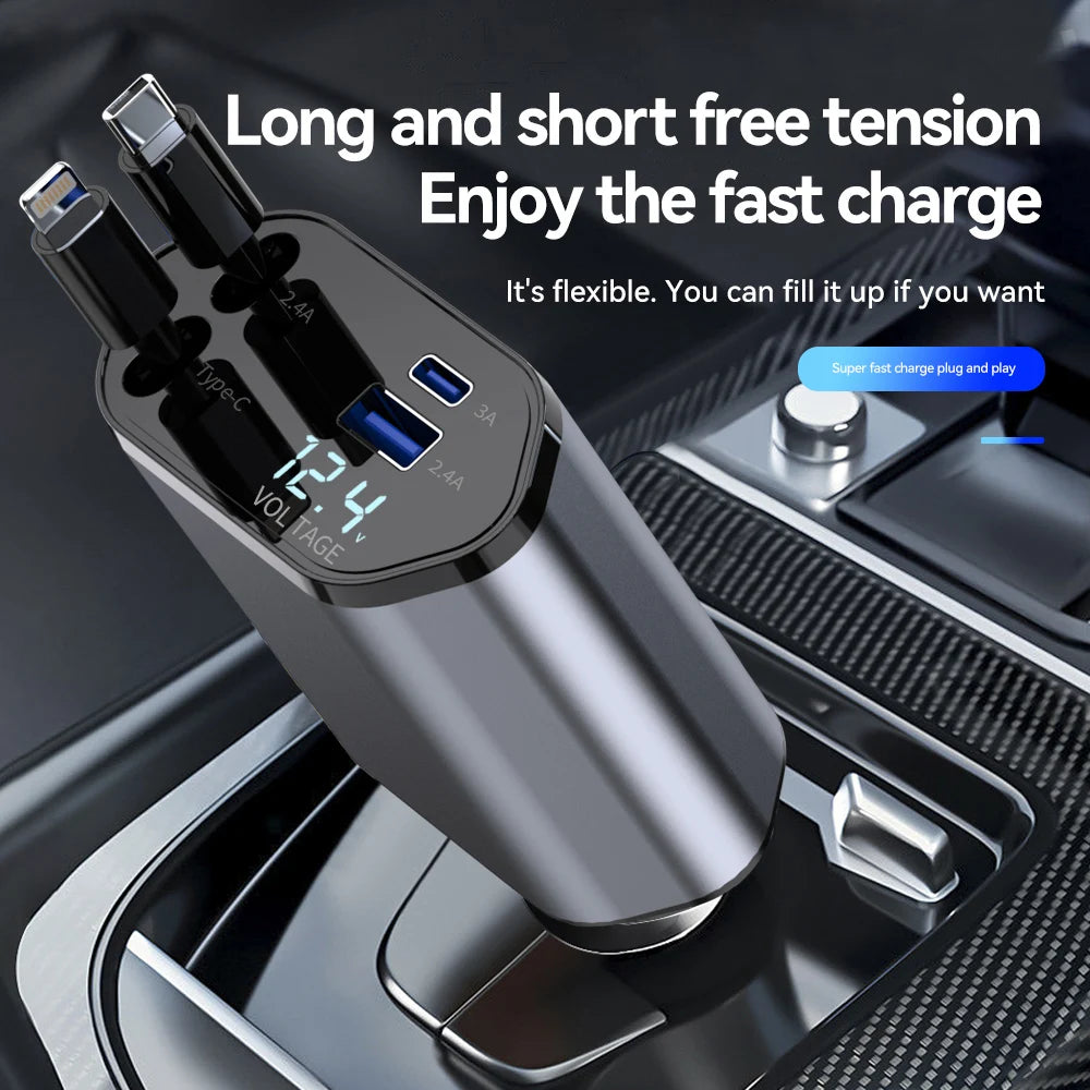100W 4-in-1 Retractable Car Charger – Fast, Compact & Multi-Device Ready!