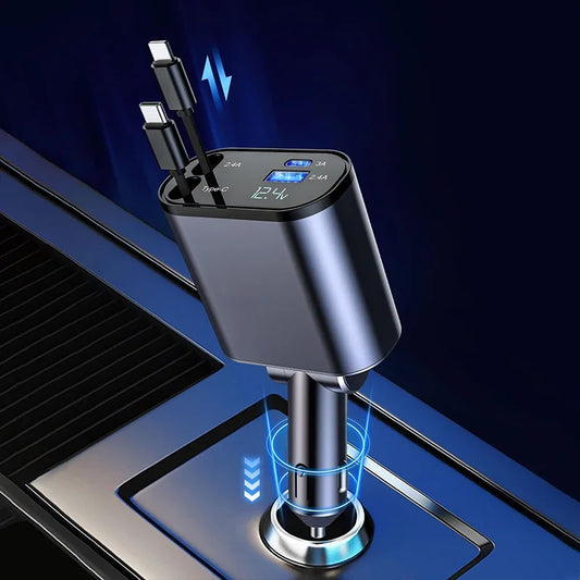 100W 4-in-1 Retractable Car Charger – Fast, Compact & Multi-Device Ready!
