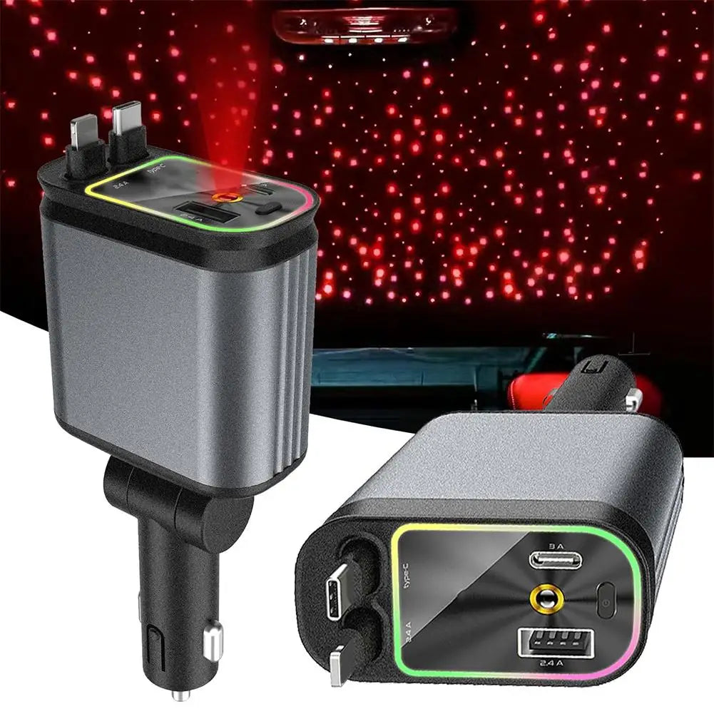 4-in-1 Retractable Car Charger with Starlight Projection – 100W Fast Charging & Ambient Lighting!
