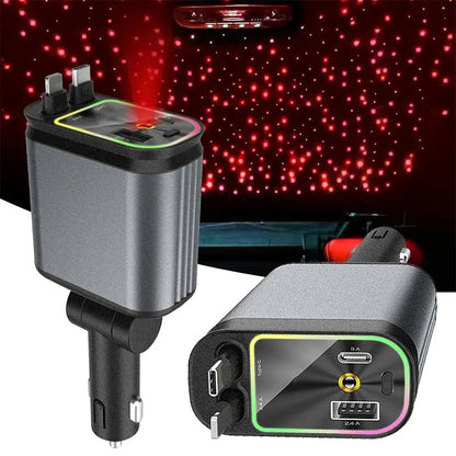 4-in-1 Retractable Car Charger with Starlight Projection – 100W Fast Charging & Ambient Lighting!