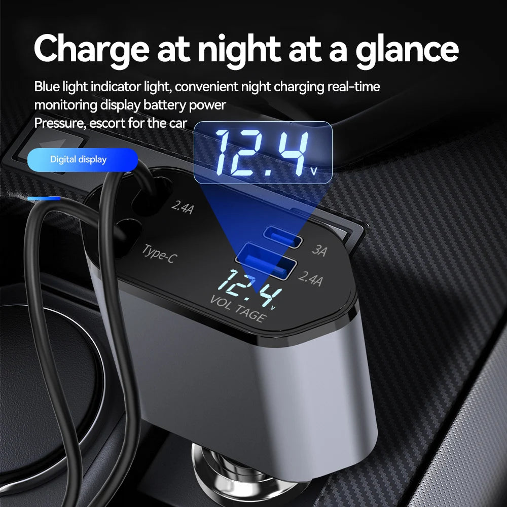 100W 4-in-1 Retractable Car Charger – Fast, Compact & Multi-Device Ready!