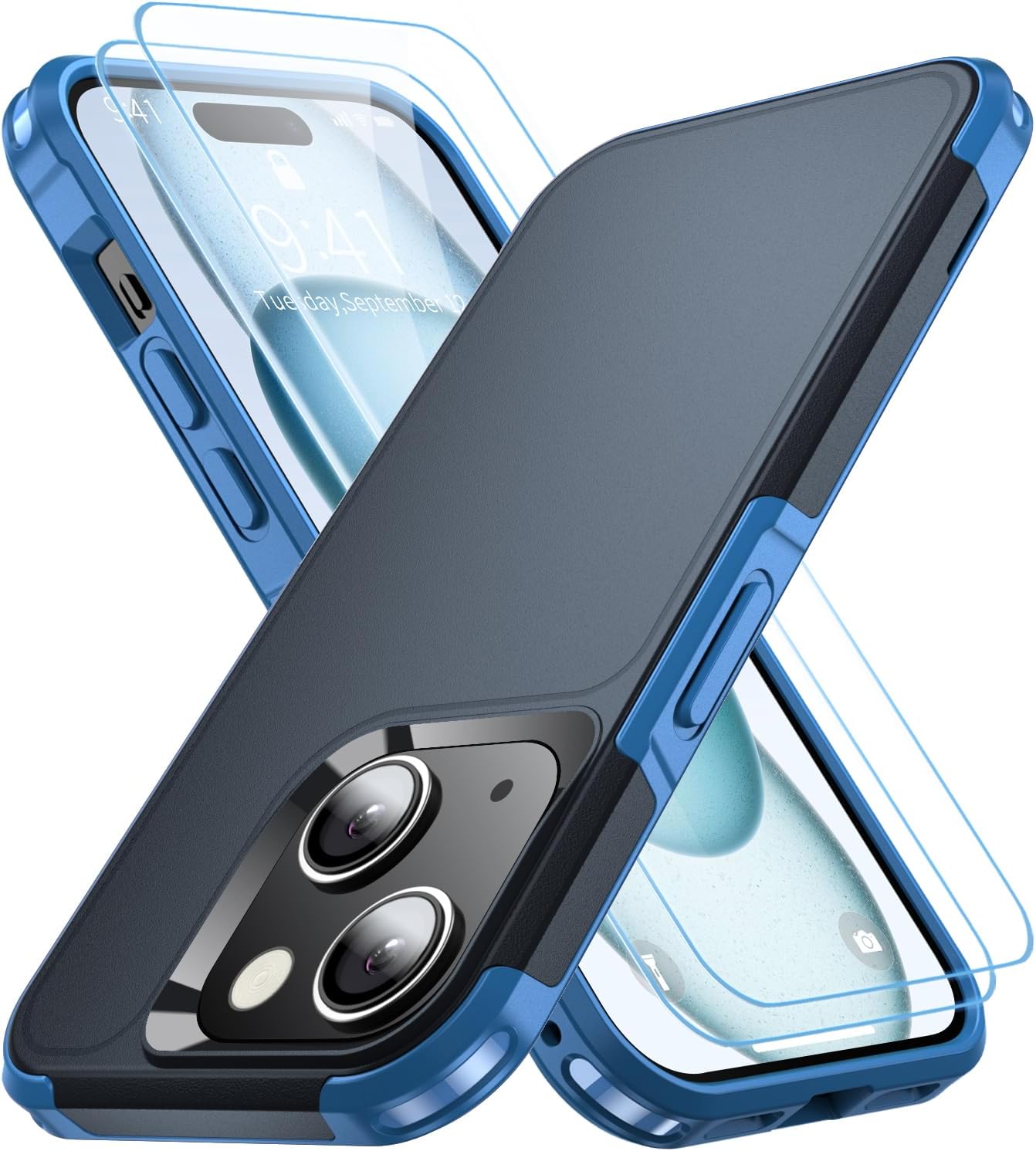 Shockproof for iPhone 15 Case, 15 FT Military Grade Drop Protection, with 2X Tempered Glass Screen Protector, iPhone Casing