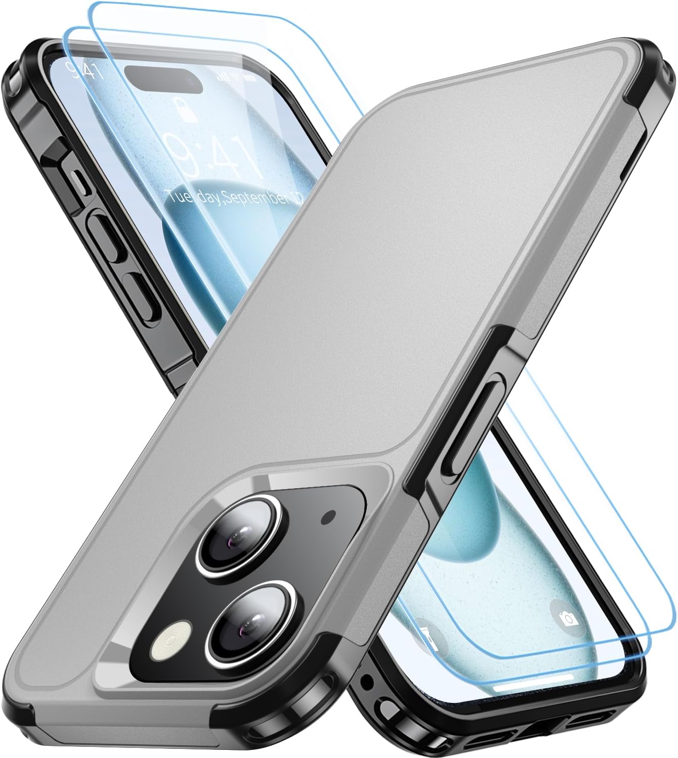 Shockproof for iPhone 15 Case, 15 FT Military Grade Drop Protection, with 2X Tempered Glass Screen Protector, iPhone Casing