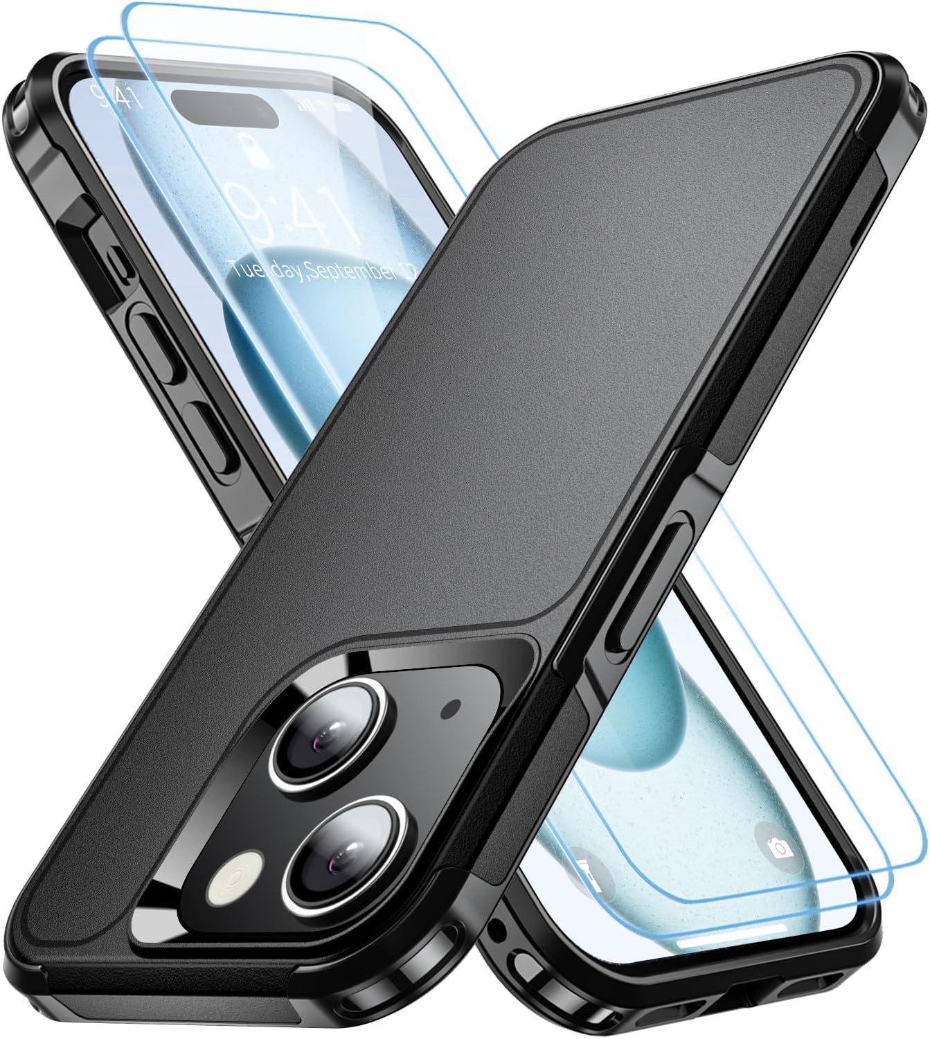 Shockproof for iPhone 15 Case, 15 FT Military Grade Drop Protection, with 2X Tempered Glass Screen Protector, iPhone Casing